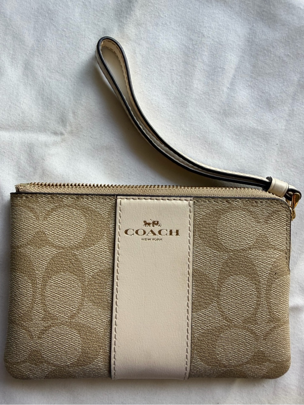 Coach Beige Signature Canvas Wristlet with Cream Stripe